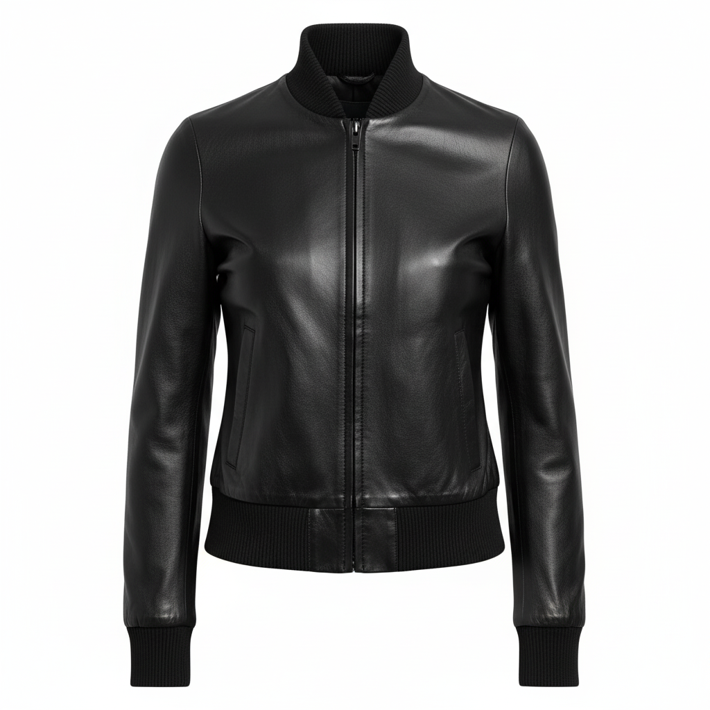 Front view of ZANAS Women's Genuine Black Leather Bomber Jacket